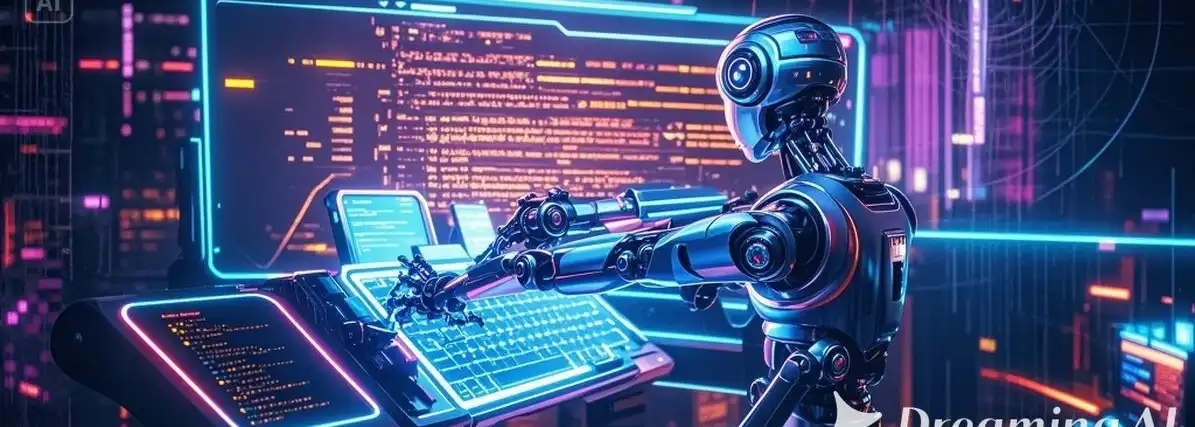 Mão de um programador digitando em um teclado, com sobreposição de elementos de inteligência artificial e código em segundo plano, simbolizando a interação entre humanos e IA na programação.