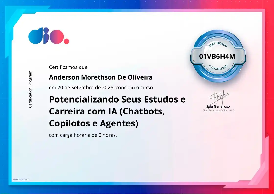 certificate of Potencializando Seus Estudos e Carreira com IA (Chatbots, Copilotos e Agentes)