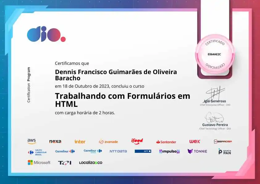 certificate of Trabalhando com Formulários  em HTML