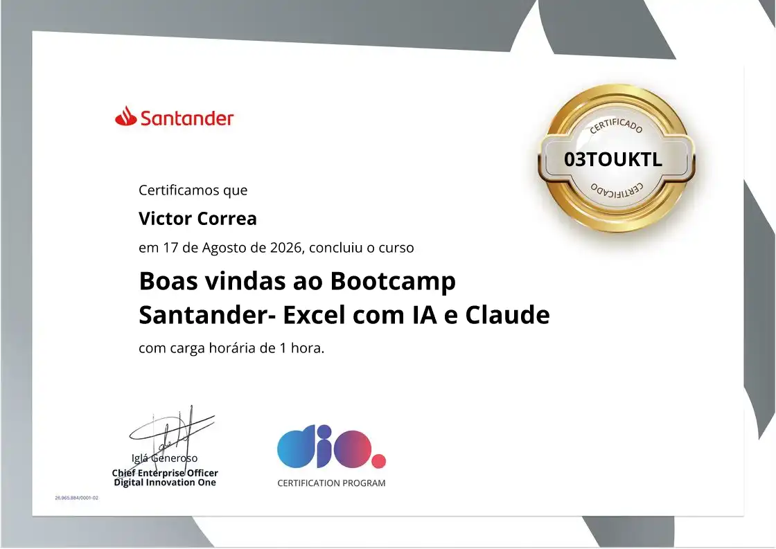 certificate of Boas vindas ao Bootcamp Santander- Excel com IA e Claude