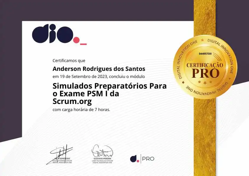 certificate of Simulados Preparatórios Para o Exame PSM I da Scrum.org