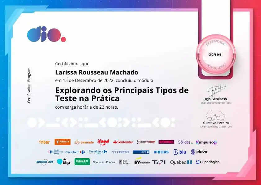 certificate of Explorando os Principais Tipos de Teste na Prática