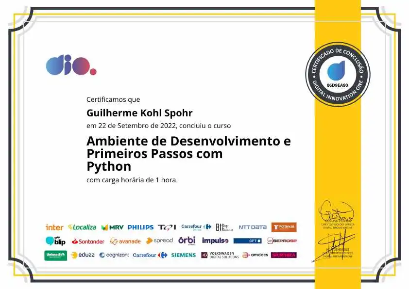 certificate of Ambiente de Desenvolvimento e Primeiros Passos com Python