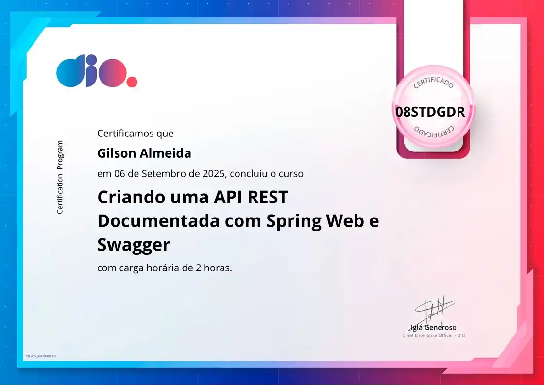 certificate of Criando uma API REST Documentada com Spring Web e Swagger