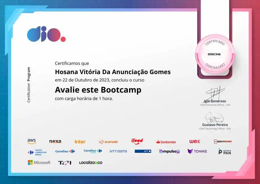 certificate of Avalie este Bootcamp