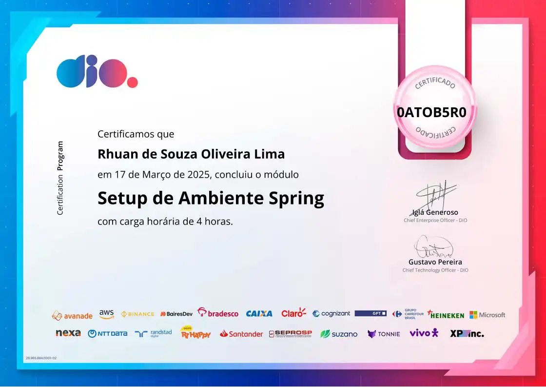 certificate of Setup de Ambiente Spring
