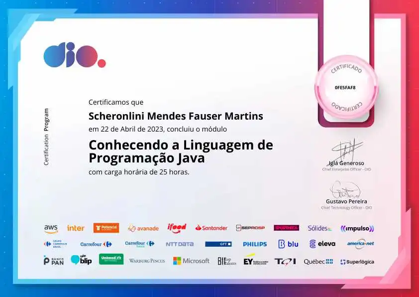 certificate of Conhecendo a Linguagem de Programação Java