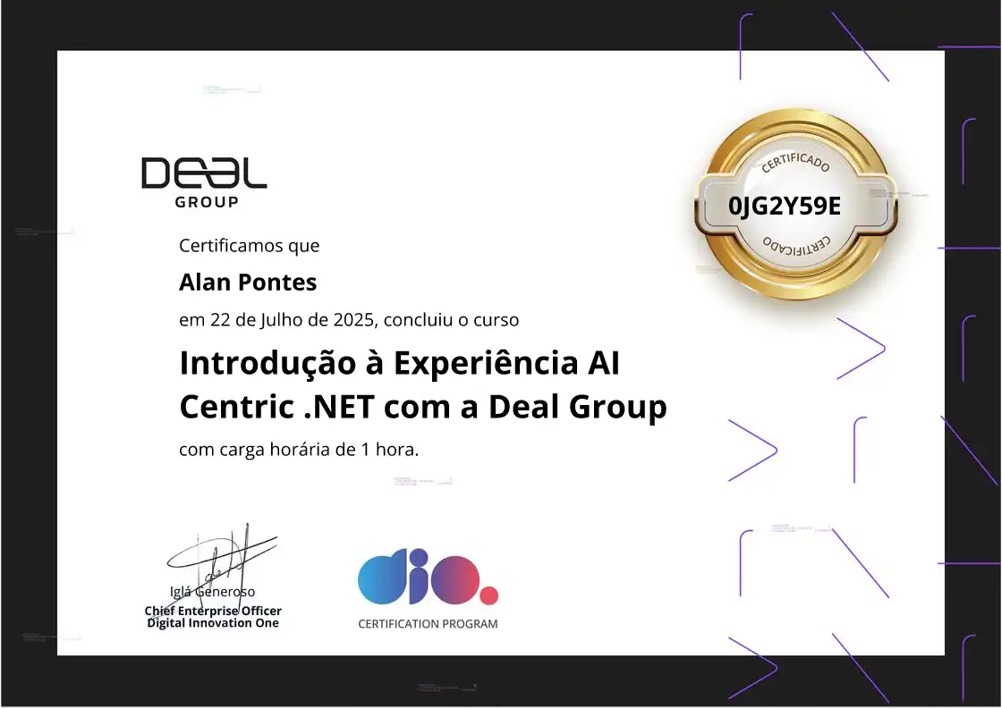 certificate of Introdução à Experiência AI Centric .NET com a Deal Group