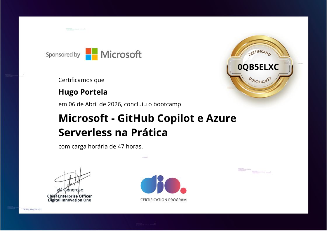 certificate of Microsoft - GitHub Copilot e Azure Serverless na Prática
