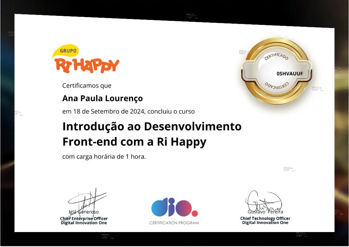 certificate of Introdução ao Desenvolvimento Front-end com a Ri Happy