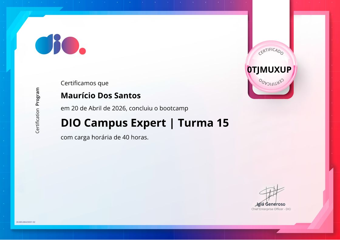 certificate of DIO Campus Expert | Turma 15