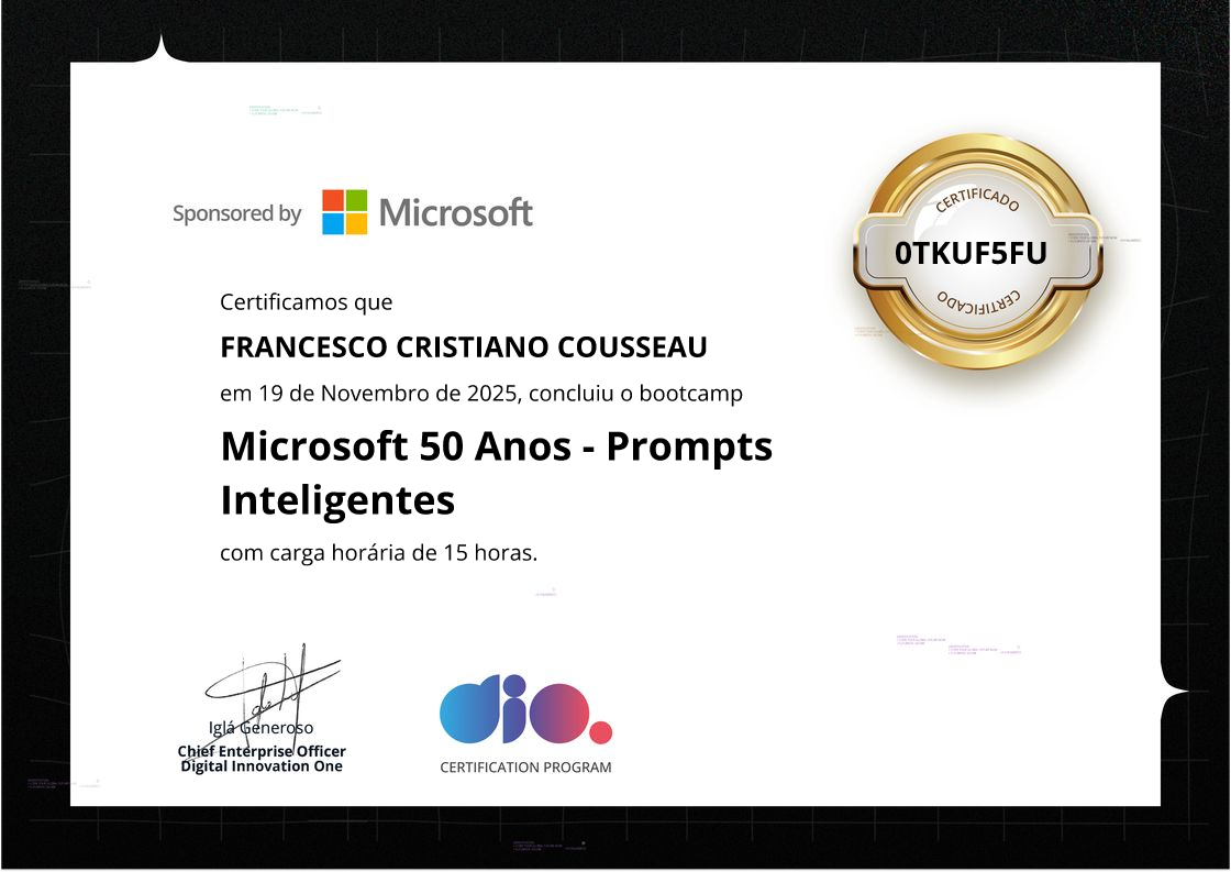 certificate of Microsoft 50 Anos - Prompts Inteligentes