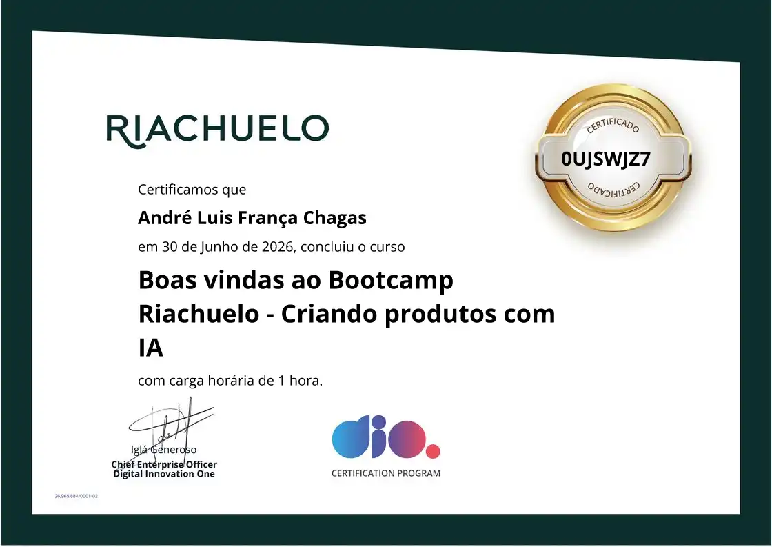 certificate of Boas vindas ao Bootcamp Riachuelo - Criando produtos com IA