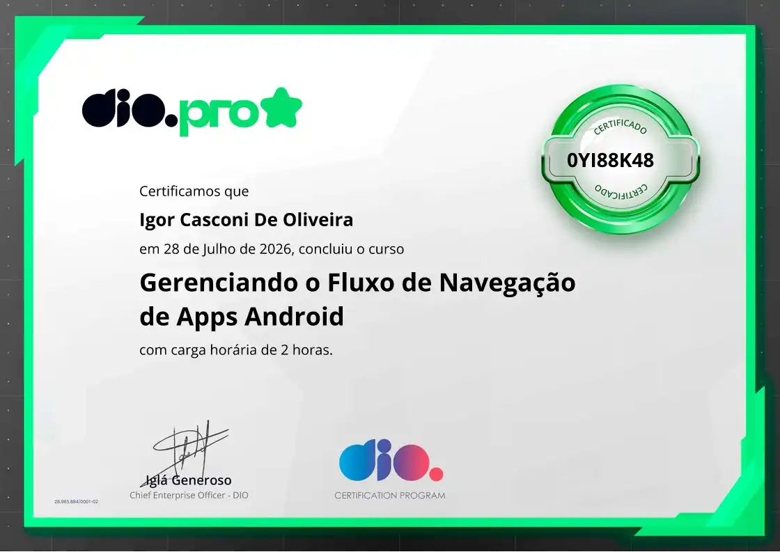 certificate of Gerenciando o Fluxo de Navegação de Apps Android