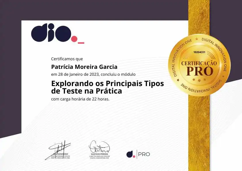 certificate of Explorando os Principais Tipos de Teste na Prática