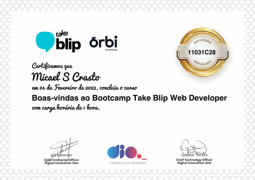certificate of Boas-vindas ao Bootcamp Take Blip Web Developer
