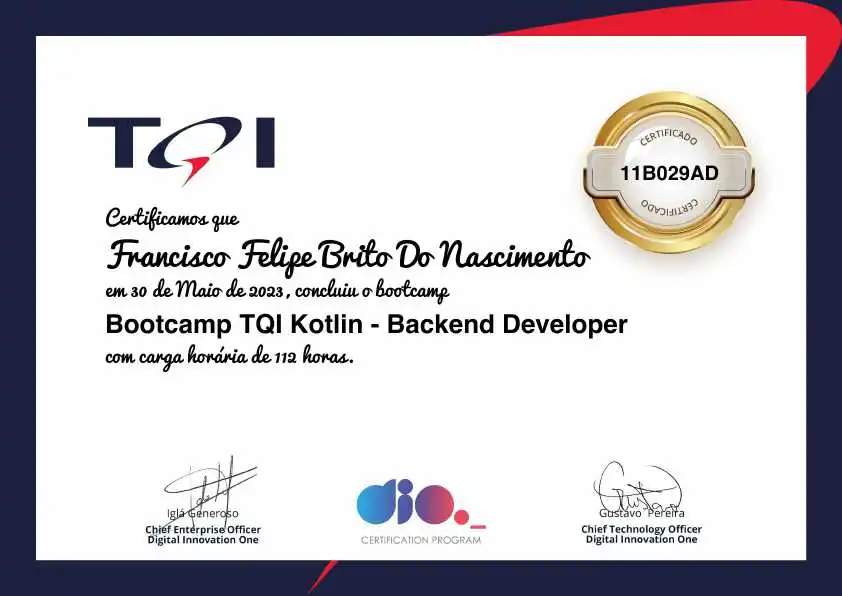 certificate of Bootcamp TQI Kotlin - Backend Developer