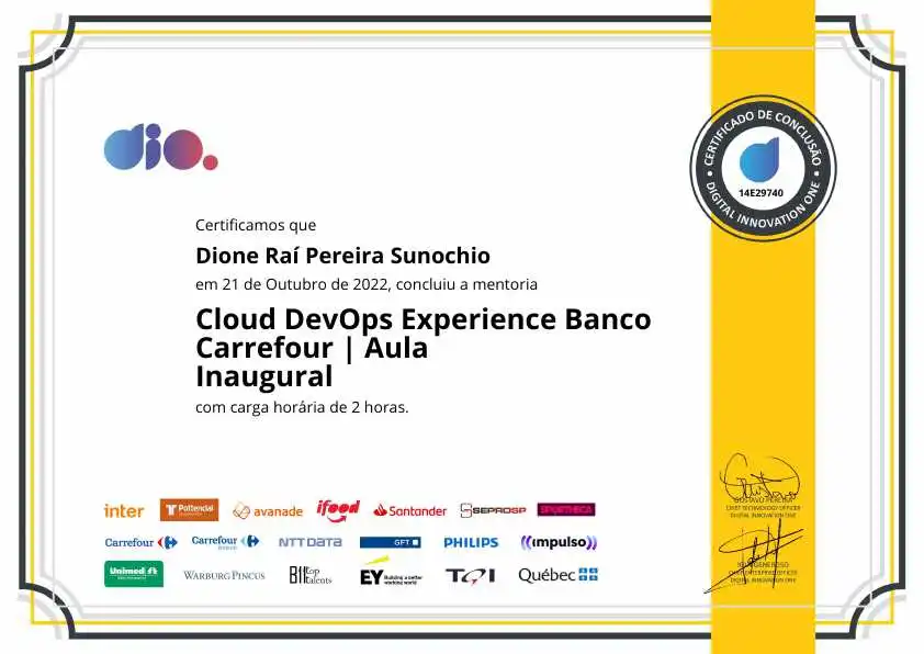 certificate of Cloud DevOps Experience Banco Carrefour | Aula Inaugural