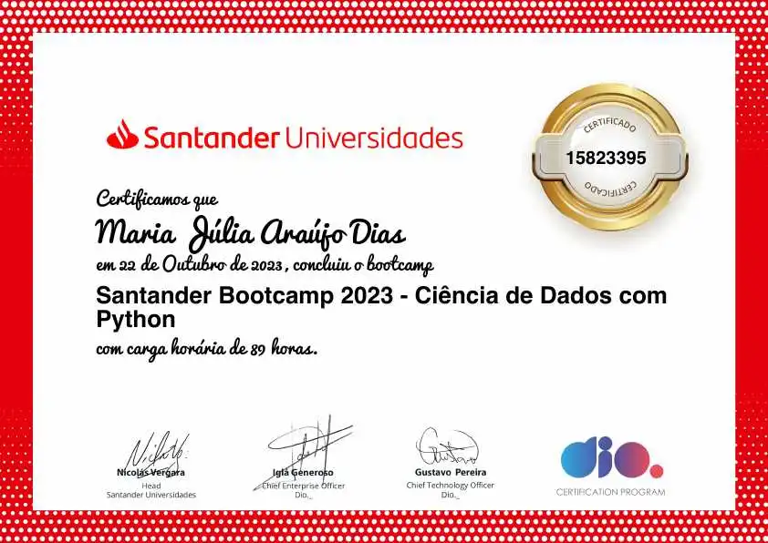 certificate of Santander Bootcamp 2023 - Ciência de Dados com Python