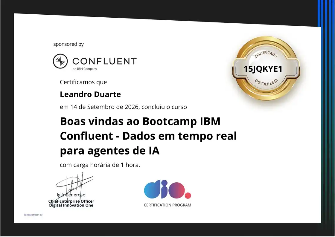 certificate of Boas vindas ao Bootcamp IBM Confluent - Dados em tempo real para agentes de IA