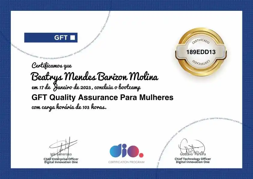 certificate of GFT Quality Assurance Para Mulheres