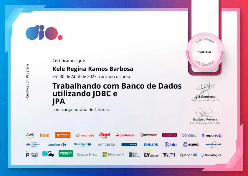 certificate of Trabalhando com Banco de Dados utilizando JDBC e JPA