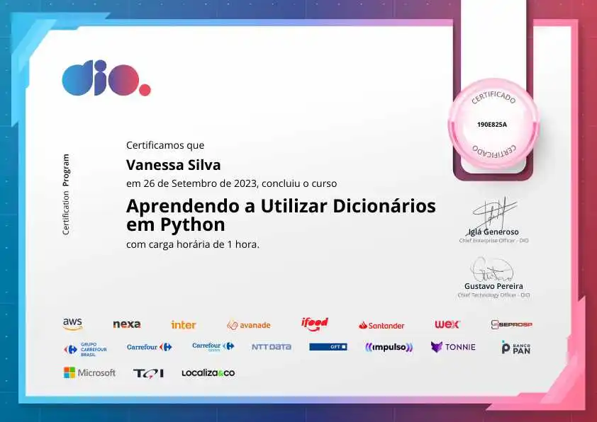 certificate of Aprendendo a Utilizar Dicionários em Python