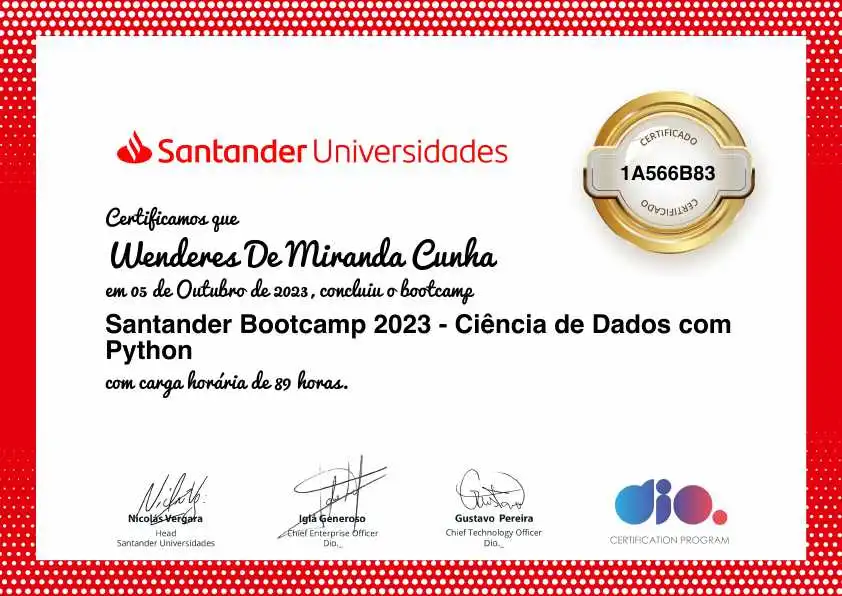 certificate of Santander Bootcamp 2023 - Ciência de Dados com Python
