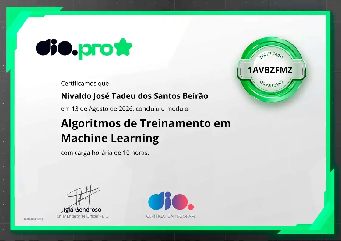 certificate of Algoritmos de Treinamento em Machine Learning