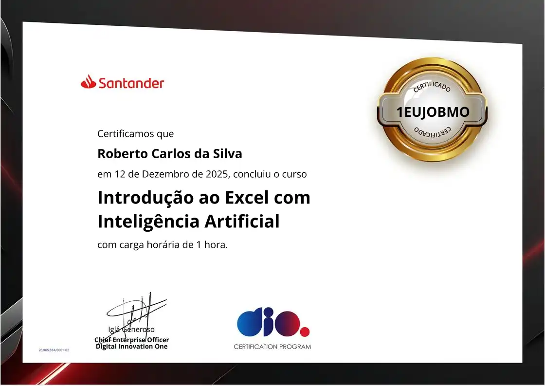 certificate of Introdução ao Excel com Inteligência Artificial