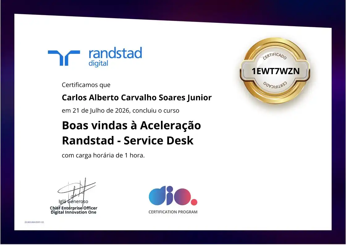 certificate of Boas vindas à Aceleração Randstad - Service Desk