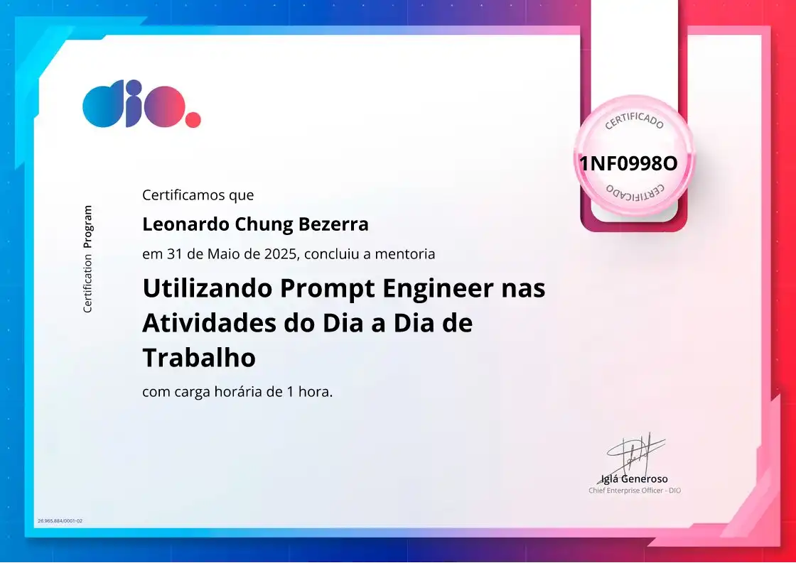 certificate of Utilizando Prompt Engineer nas Atividades do Dia a Dia de Trabalho