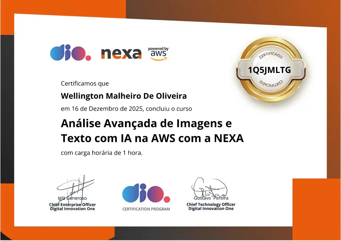 certificate of Análise Avançada de Imagens e Texto com IA na AWS com a NEXA