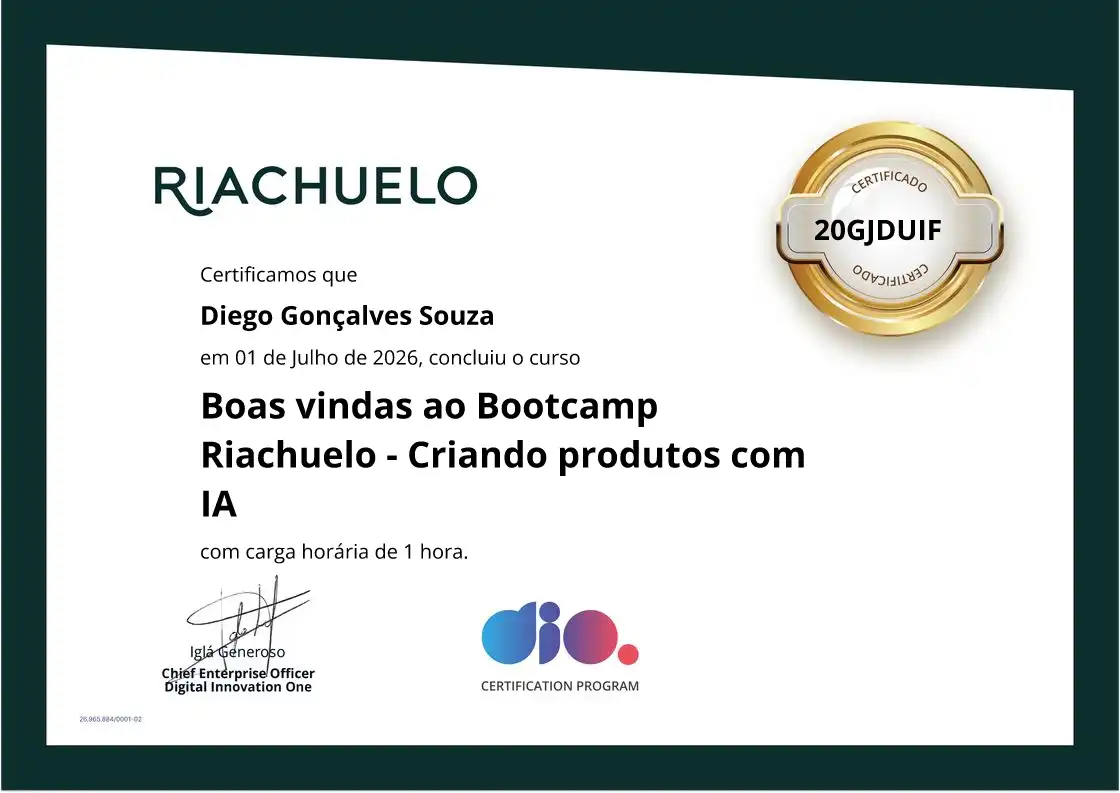 certificate of Boas vindas ao Bootcamp Riachuelo - Criando produtos com IA