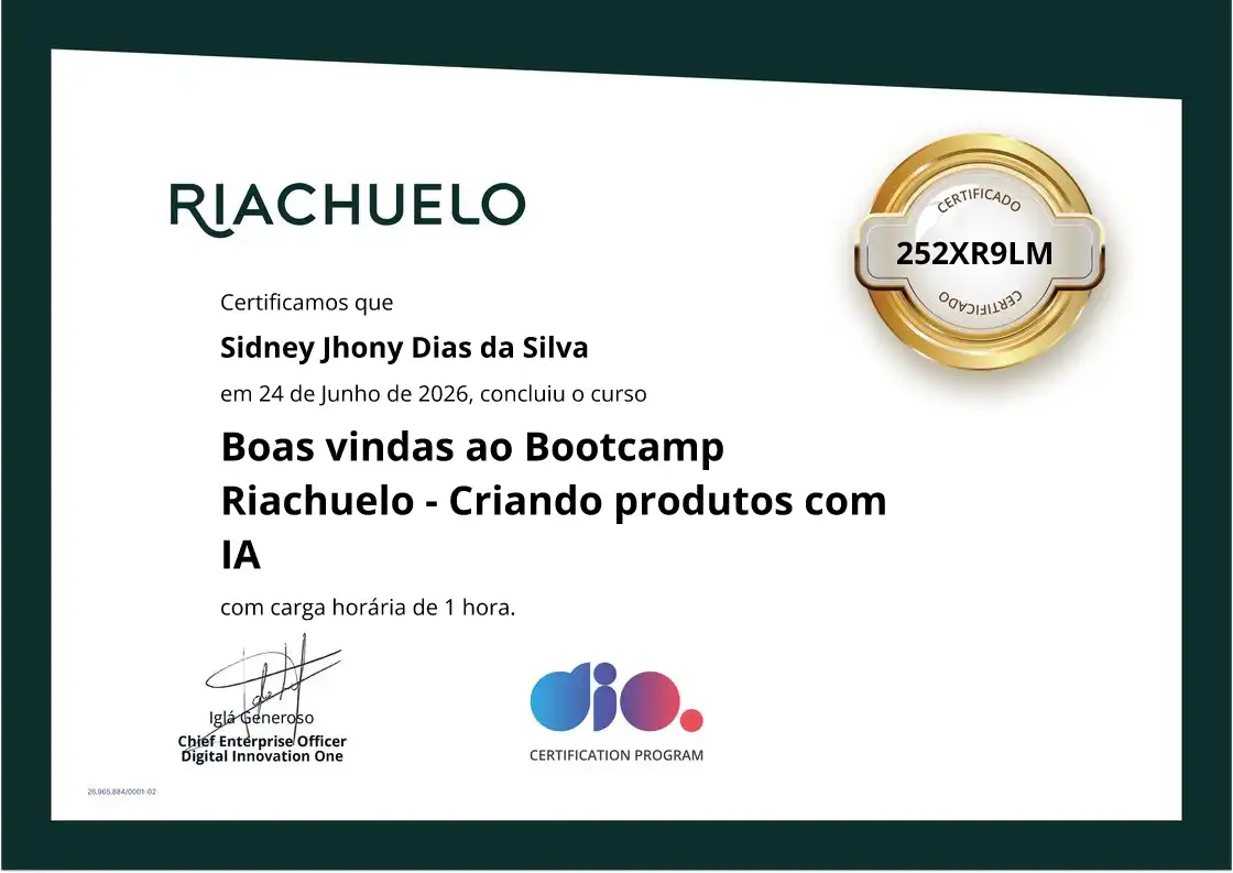 certificate of Boas vindas ao Bootcamp Riachuelo - Criando produtos com IA