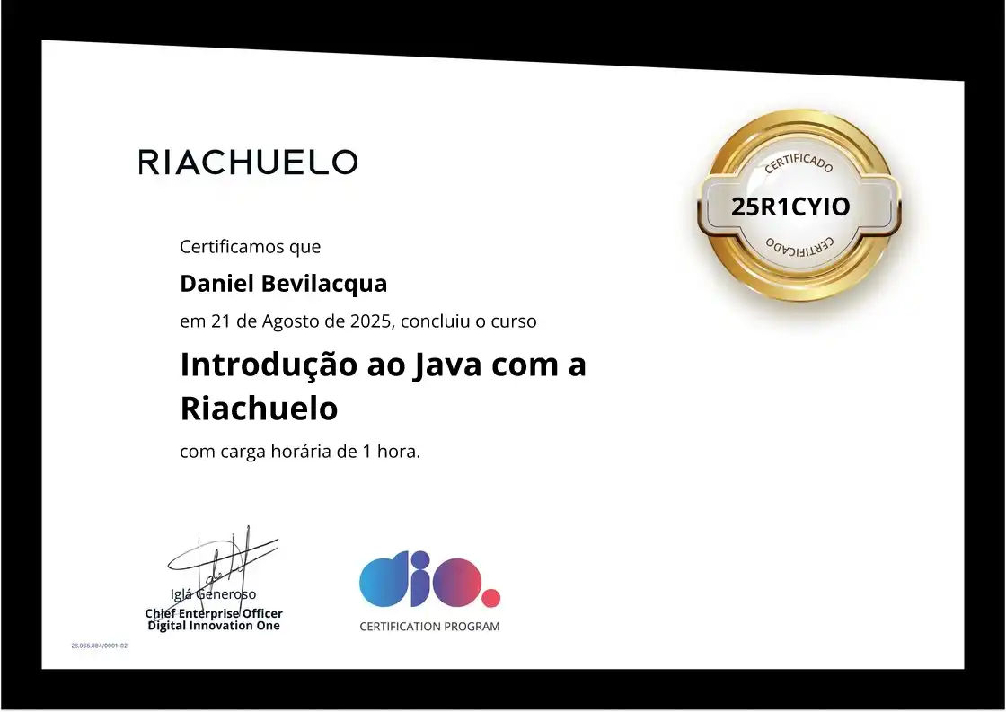 certificate of Introdução ao Java com a Riachuelo