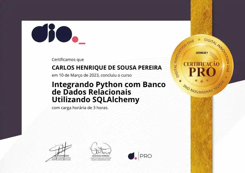 certificate of Integrando Python com Banco de Dados Relacionais Utilizando SQLAlchemy