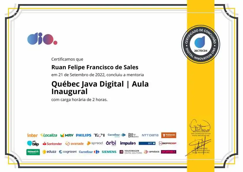 certificate of Québec Java Digital | Aula Inaugural