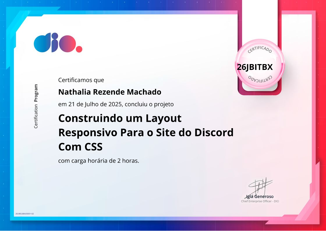 certificate of Construindo um Layout Responsivo Para o Site do Discord Com CSS