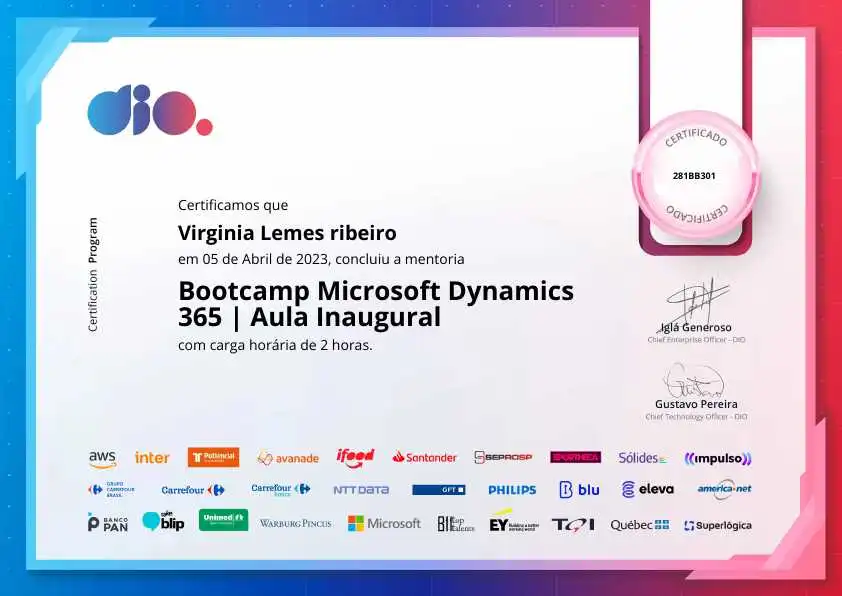 certificate of Bootcamp Microsoft Dynamics 365 | Aula Inaugural