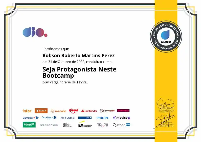 certificate of Seja Protagonista Neste Bootcamp