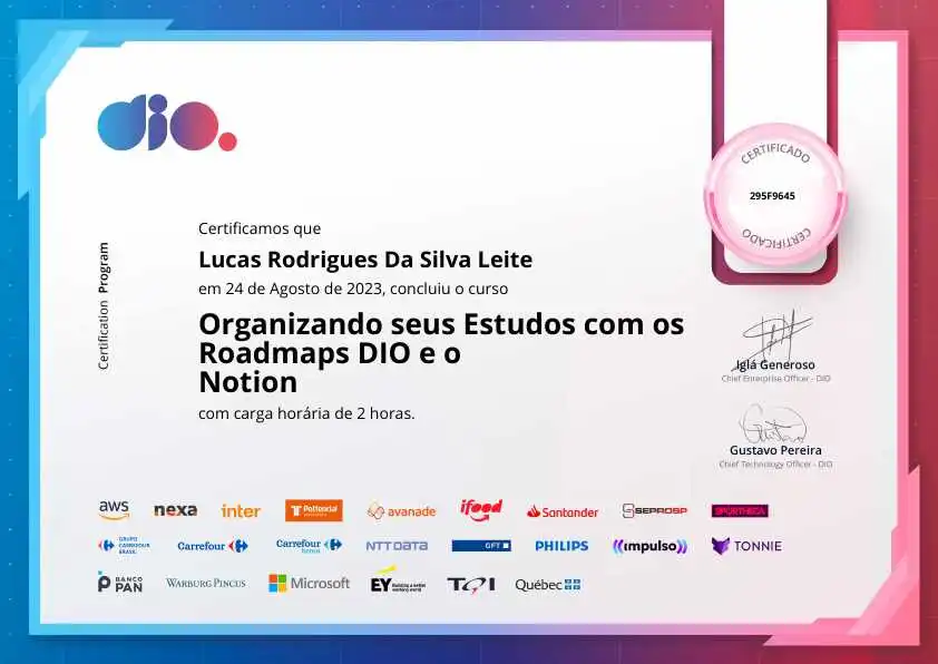 certificate of Organizando seus Estudos com os Roadmaps DIO e o Notion