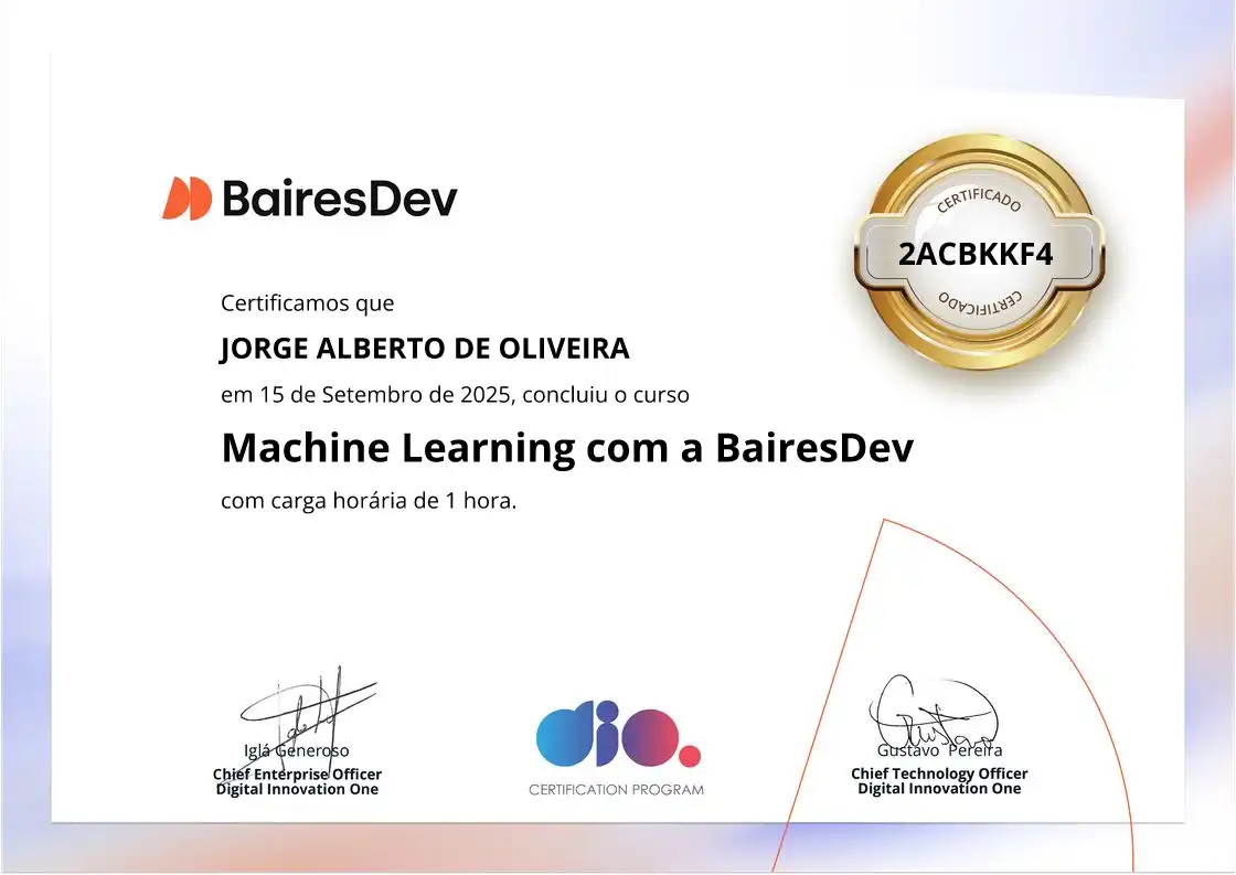 certificate of Machine Learning com a BairesDev