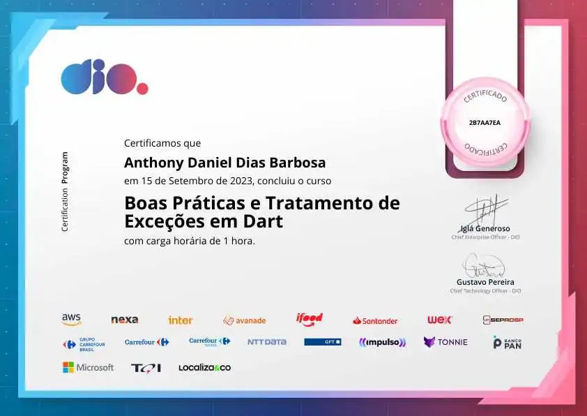 certificate of Boas Práticas e Tratamento de Exceções em Dart