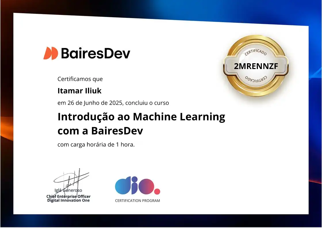certificate of Introdução ao Machine Learning com a BairesDev