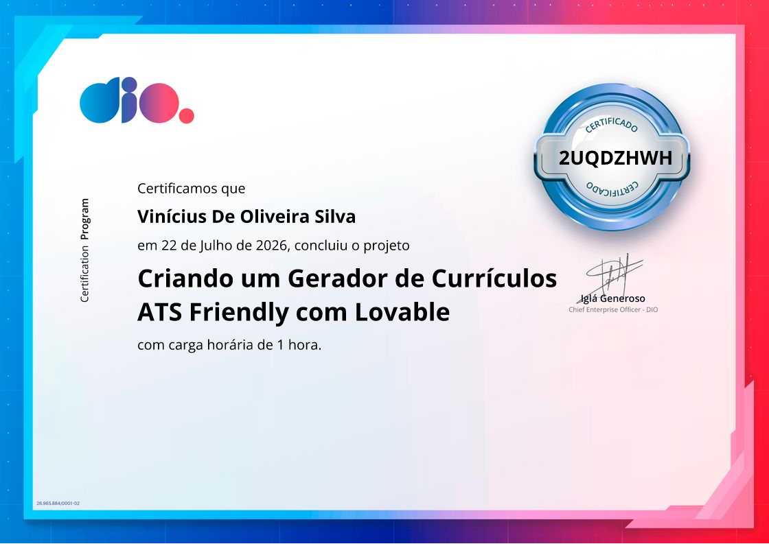 certificate of Criando um Gerador de Currículos ATS Friendly com Lovable