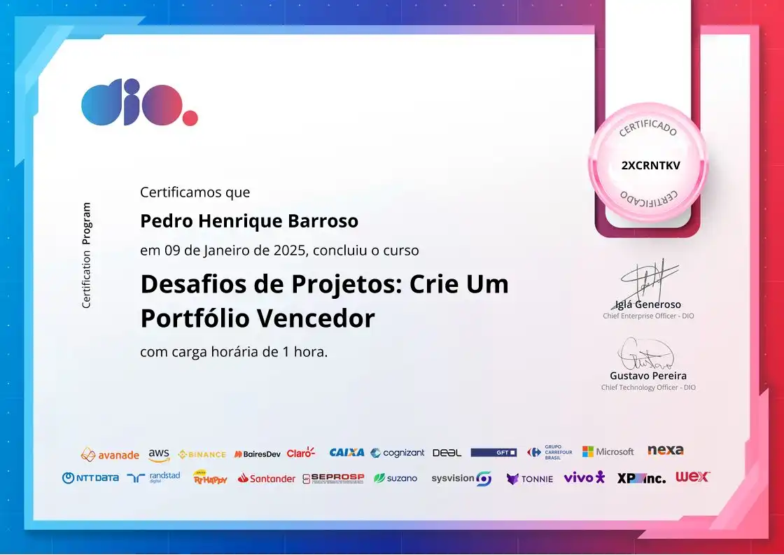 certificate of Desafios de Projetos: Crie Um Portfólio Vencedor