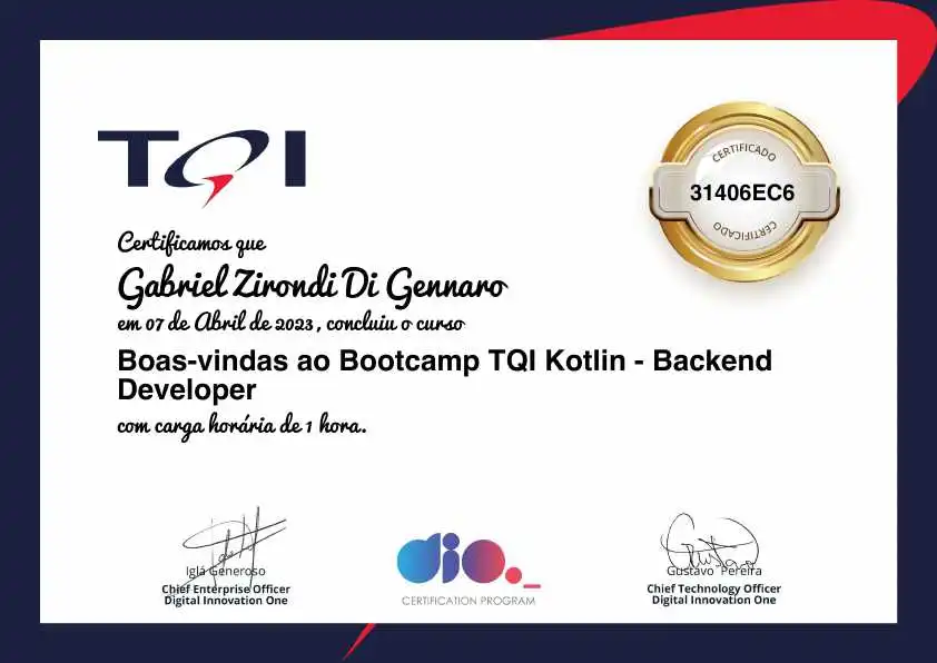 certificate of Boas-vindas ao Bootcamp TQI Kotlin - Backend Developer