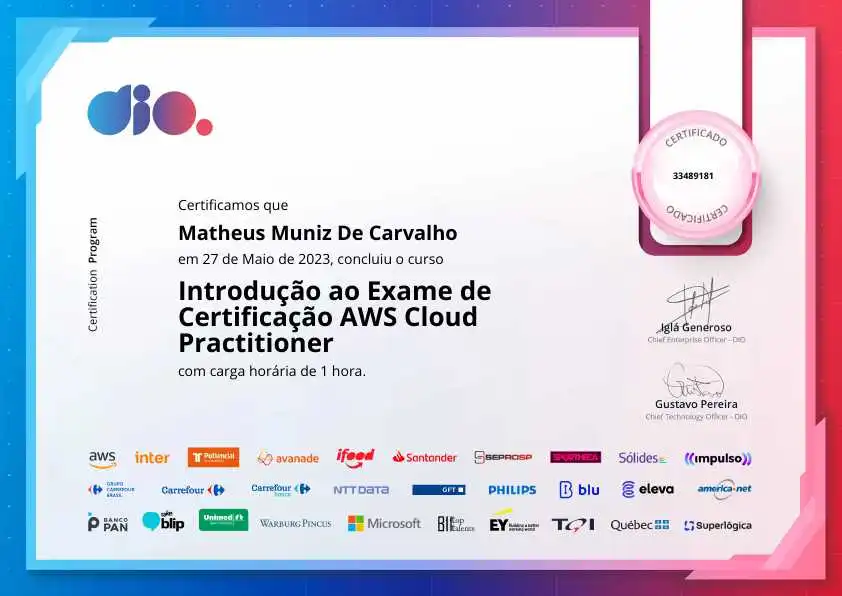 certificate of Introdução ao Exame de Certificação AWS Cloud Practitioner