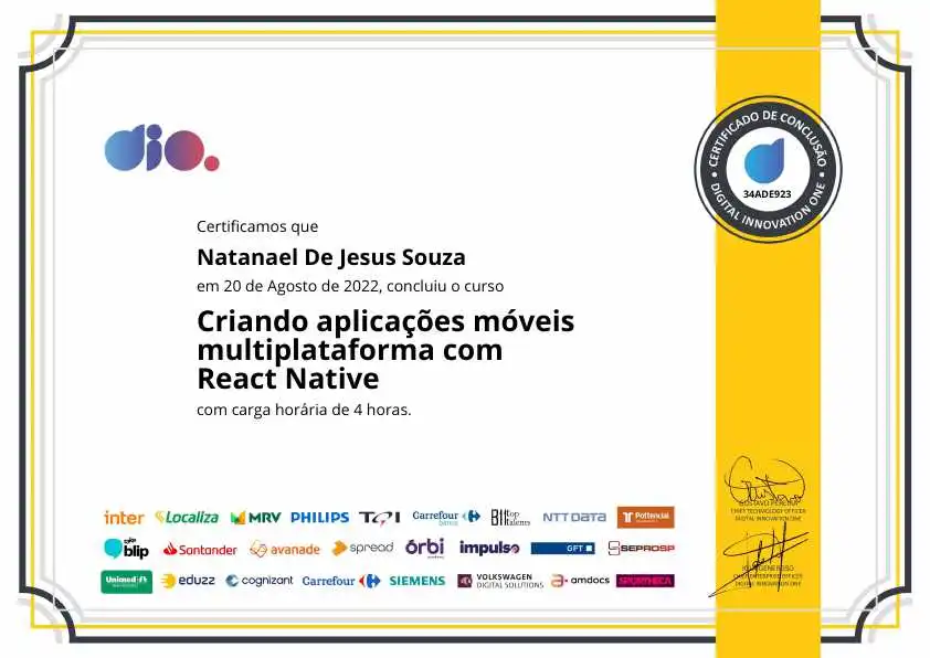 certificate of Criando aplicações móveis multiplataforma com React Native
